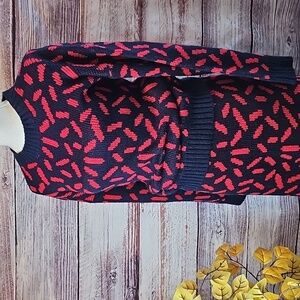 VINTAGE JAZZY NAVY & RED GEOMETRIC PATTERN TWO-PIECE SWEATER & SKIRT SET